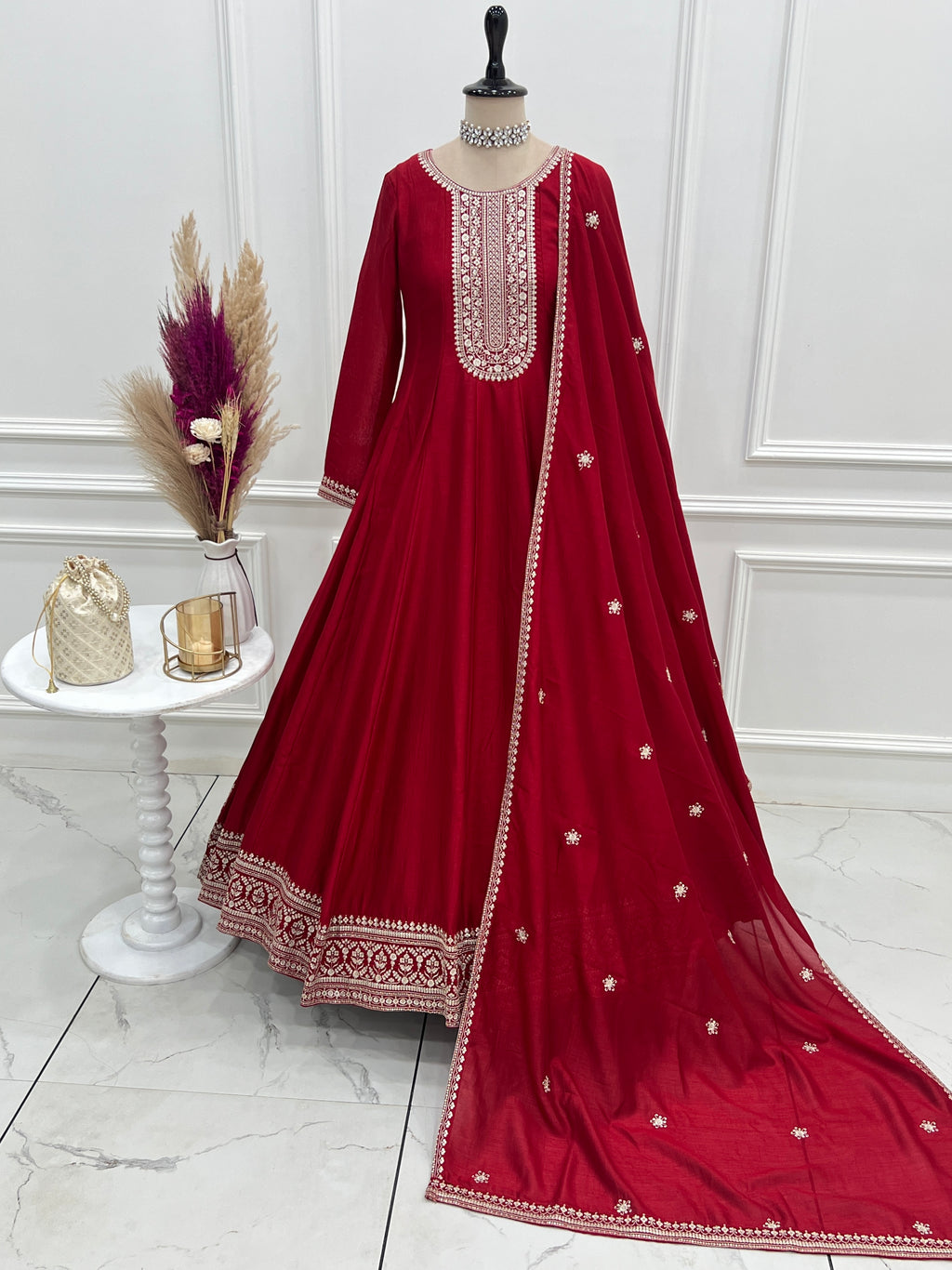 Premium Royal Red Vichitra Silk Anarkali Gown Set with Embroidered Dupatta