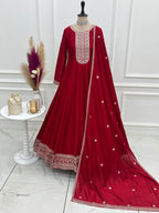 Premium Royal Red Vichitra Silk Anarkali Gown Set with Embroidered Dupatta