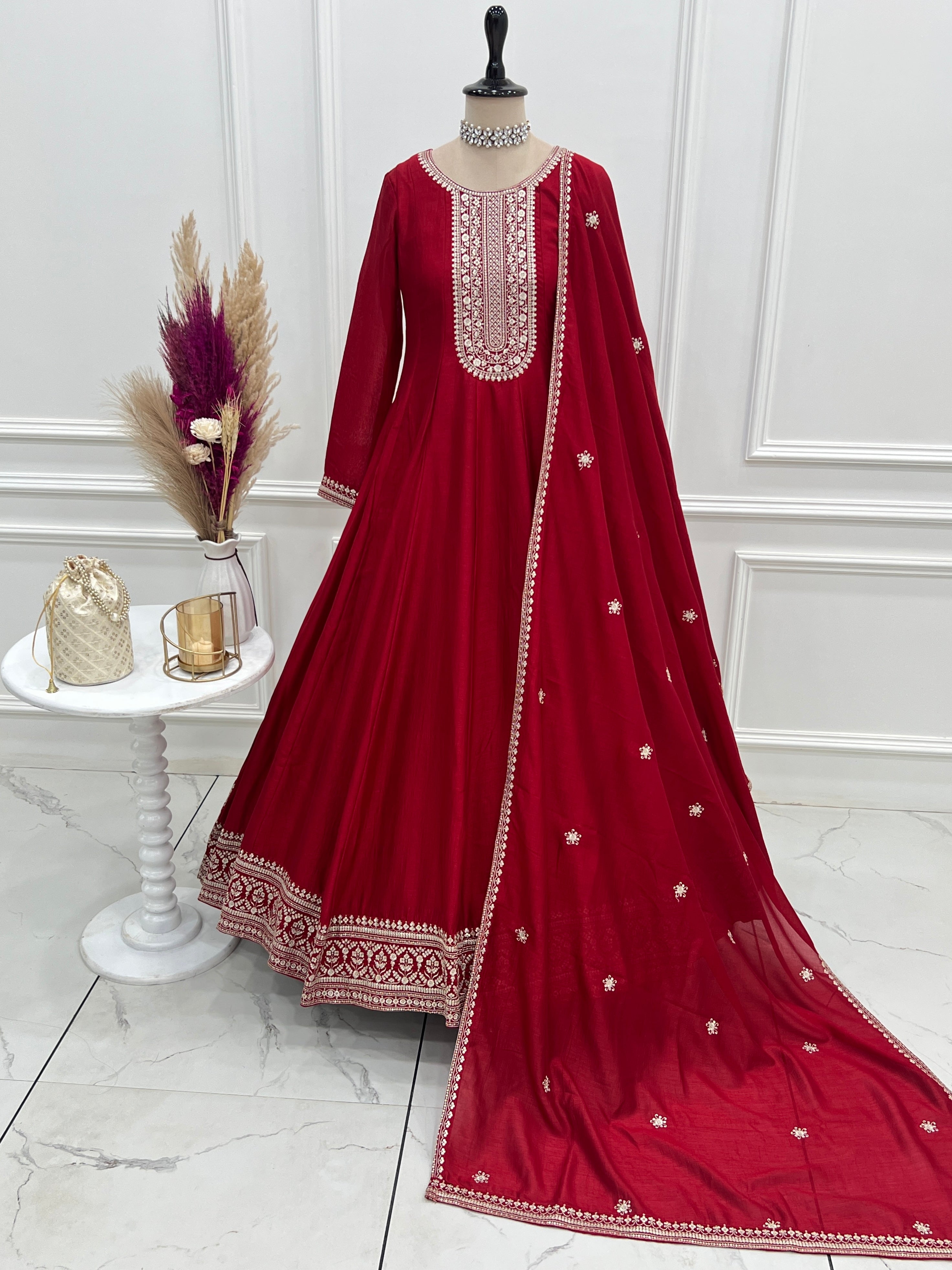 Premium Royal Red Vichitra Silk Anarkali Gown Set with Embroidered Dupatta