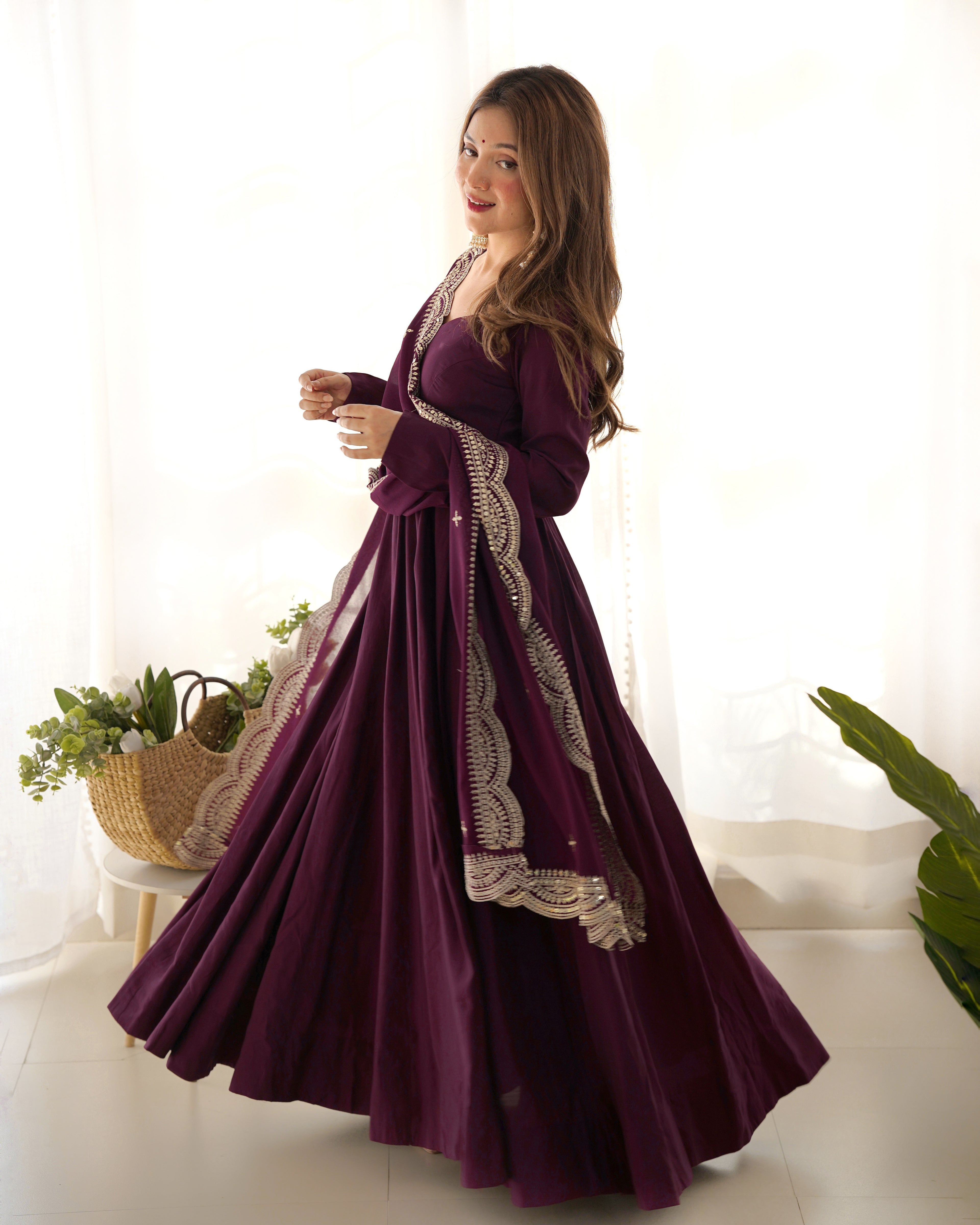 Imperial Wine Purple Designer Anarkali Gown Set with Heavy Embroidery Work