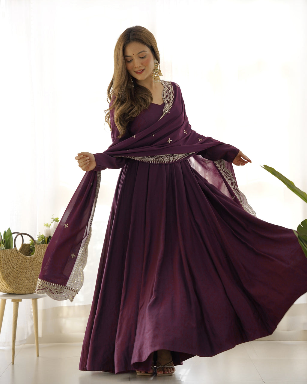 Imperial Wine Purple Designer Anarkali Gown Set with Heavy Embroidery Work