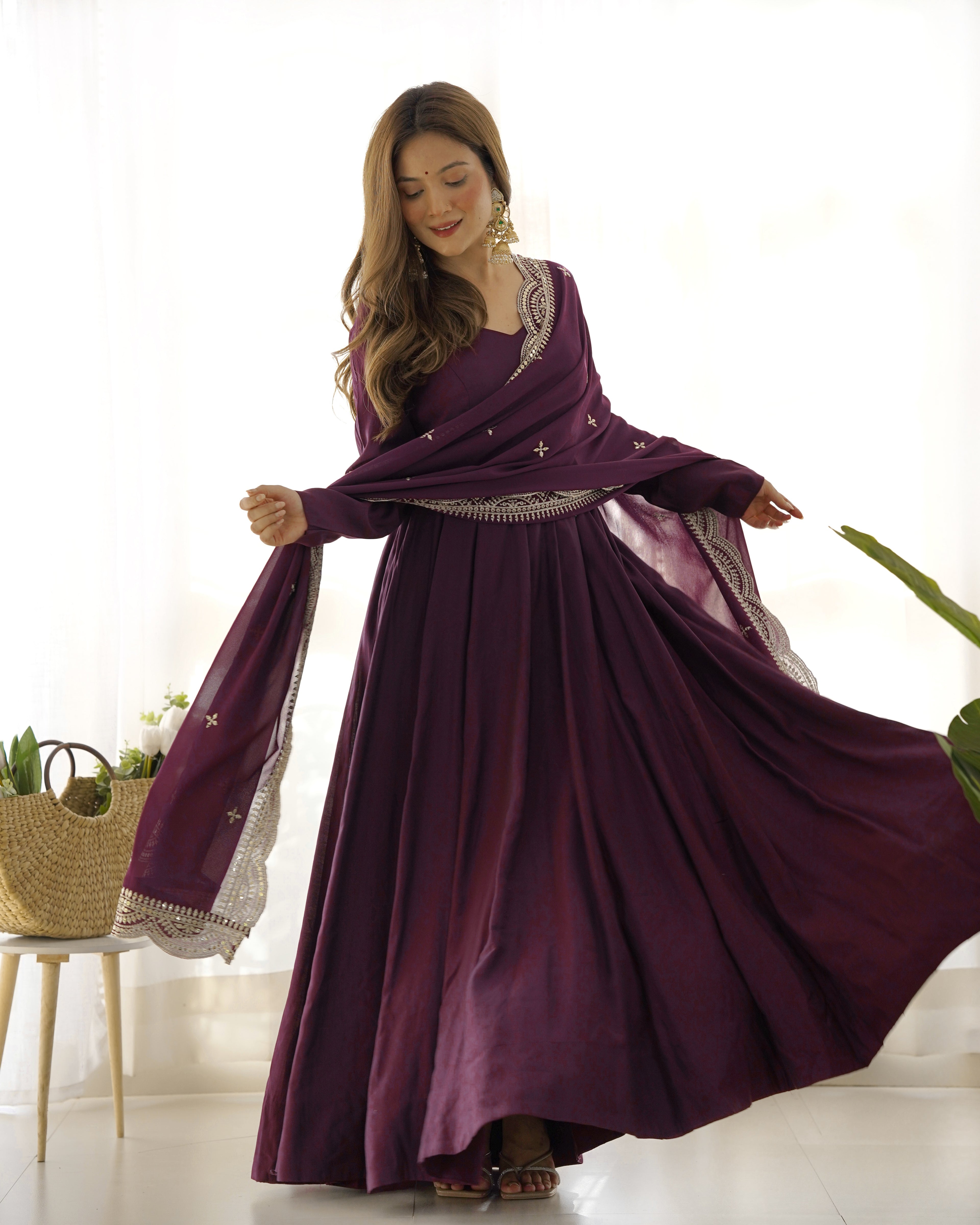 Imperial Wine Purple Designer Anarkali Gown Set with Heavy Embroidery Work