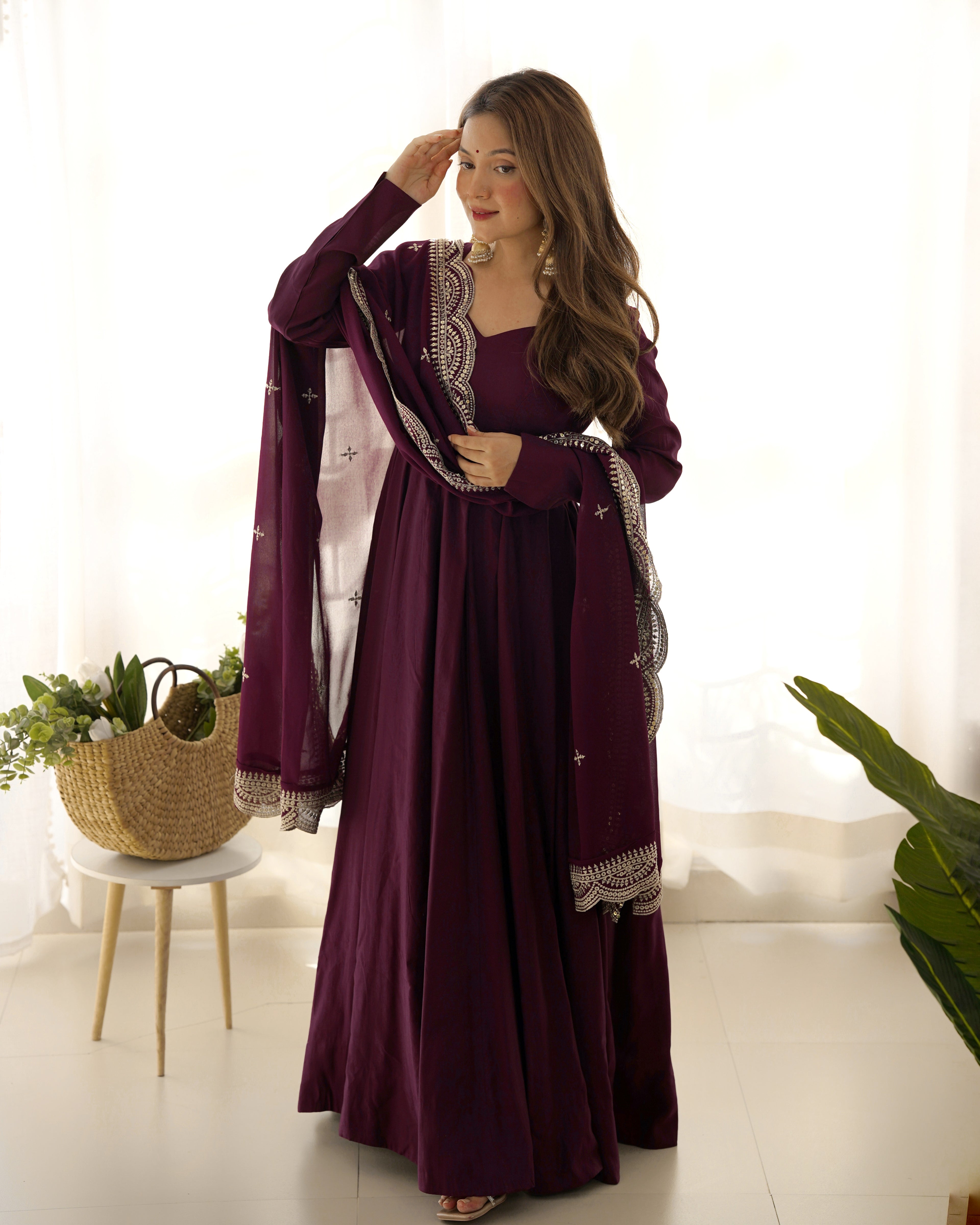 Imperial Wine Purple Designer Anarkali Gown Set with Heavy Embroidery Work