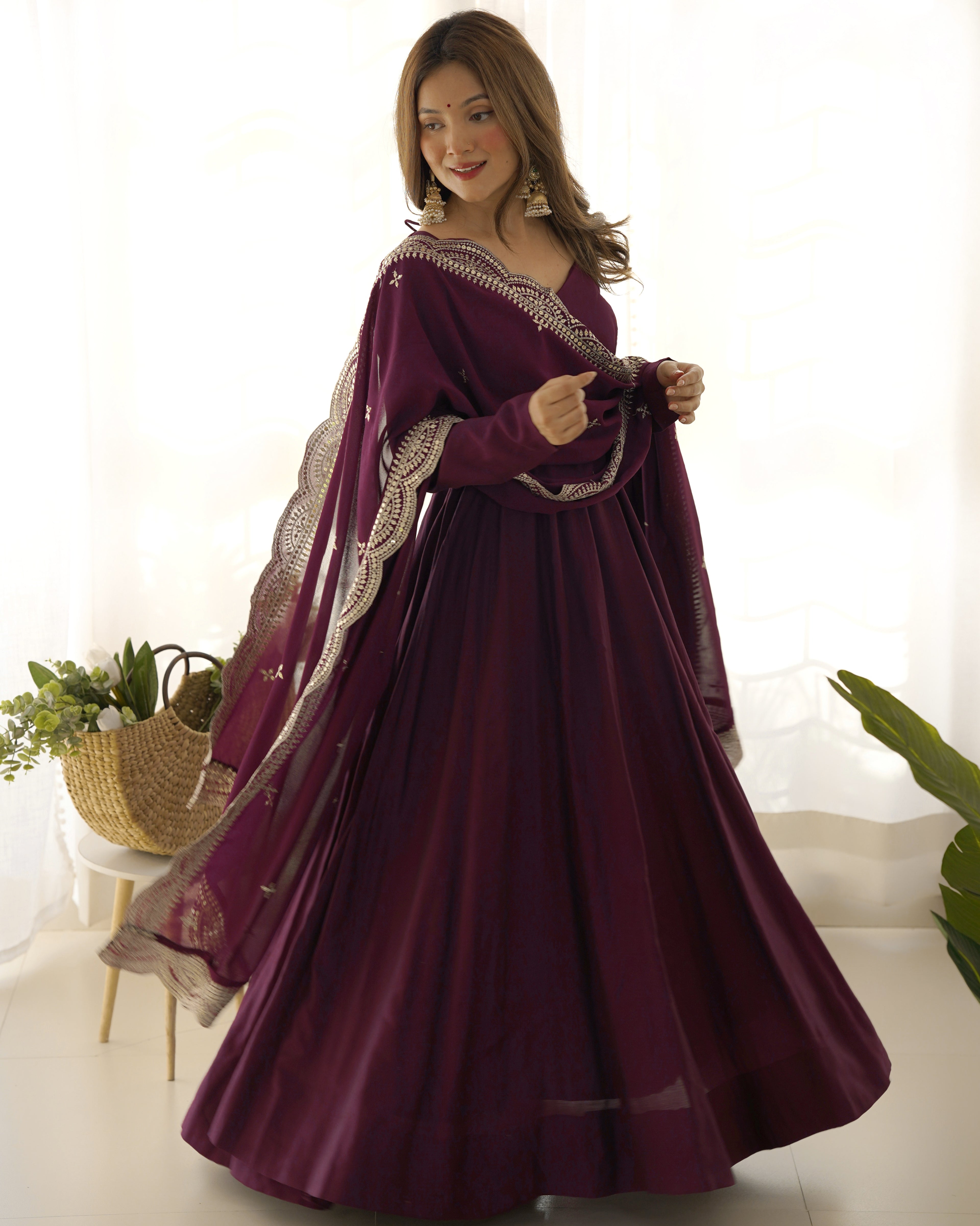 Imperial Wine Purple Designer Anarkali Gown Set with Heavy Embroidery Work