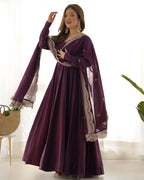 Imperial Wine Purple Designer Anarkali Gown Set with Heavy Embroidery Work
