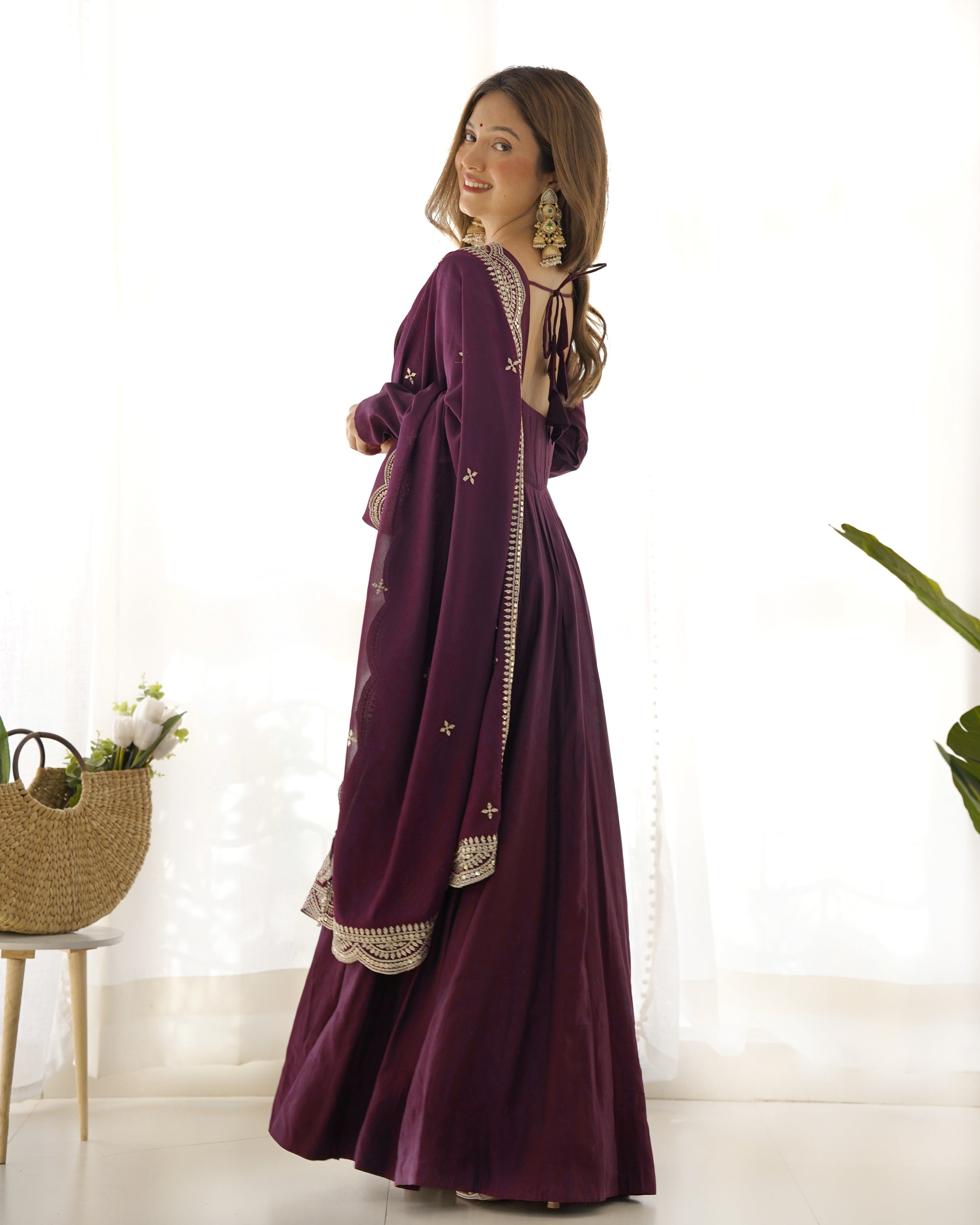 Imperial Wine Purple Designer Anarkali Gown Set with Heavy Embroidery Work