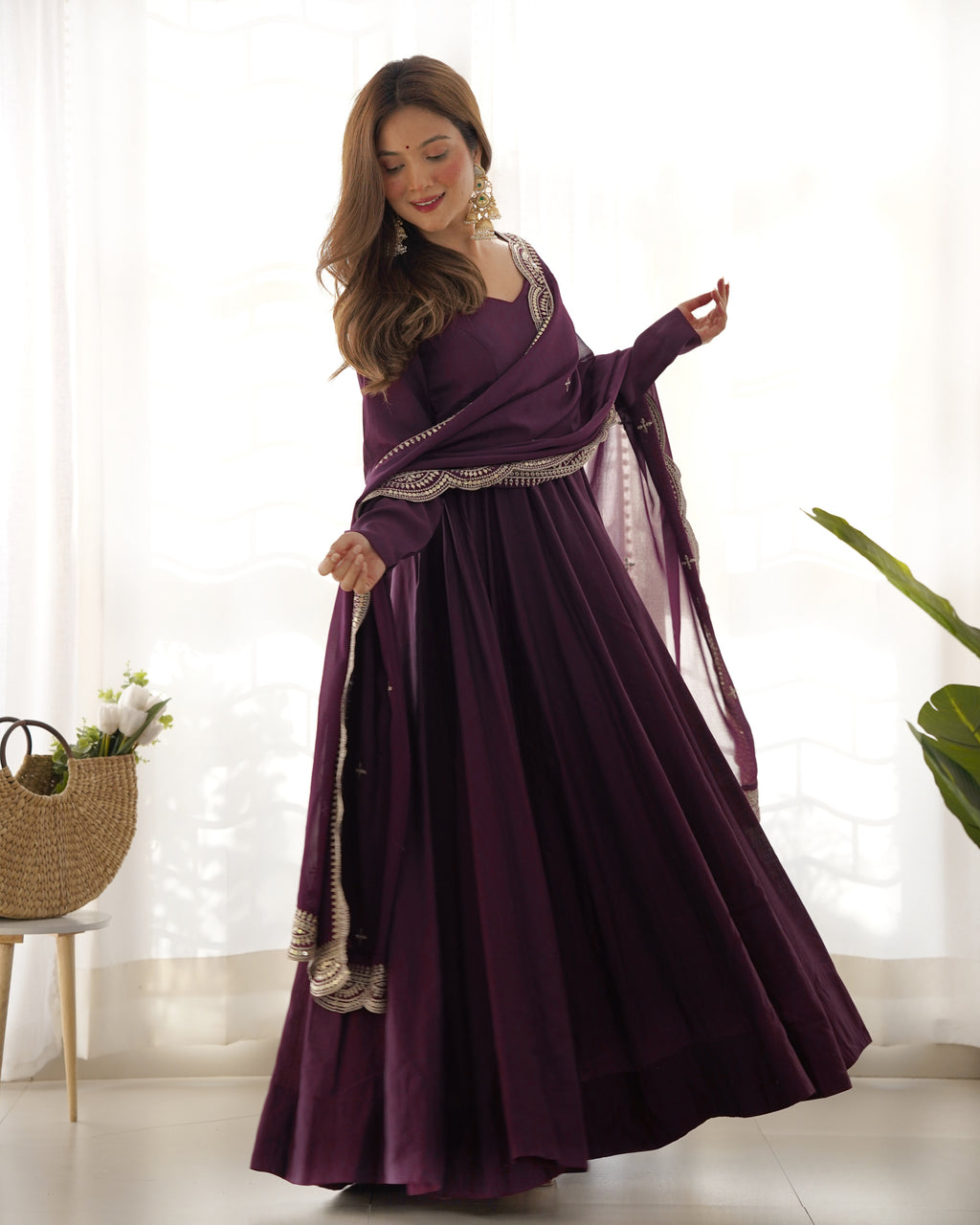 Imperial Wine Purple Designer Anarkali Gown Set with Heavy Embroidery Work