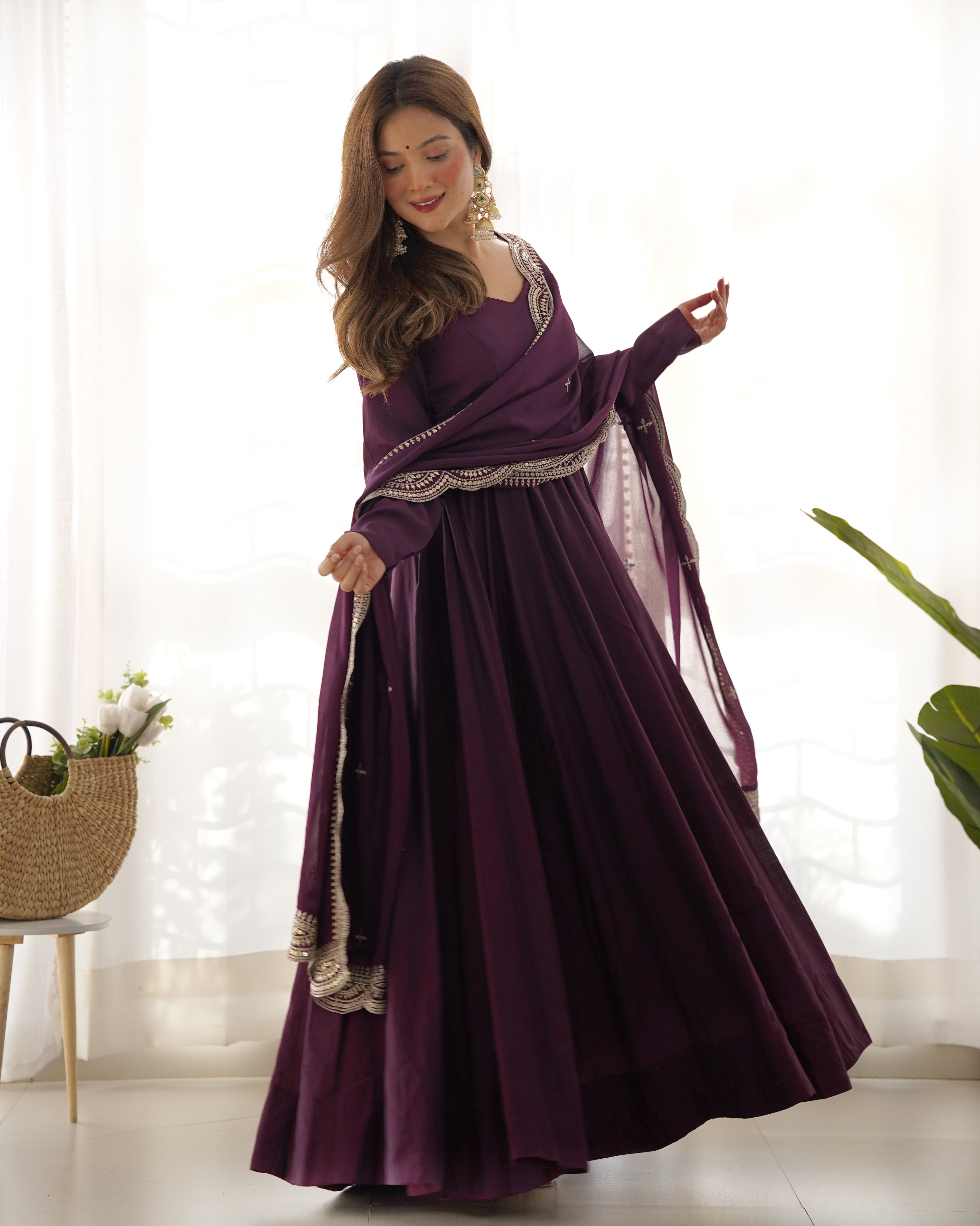 Imperial Wine Purple Designer Anarkali Gown Set with Heavy Embroidery Work