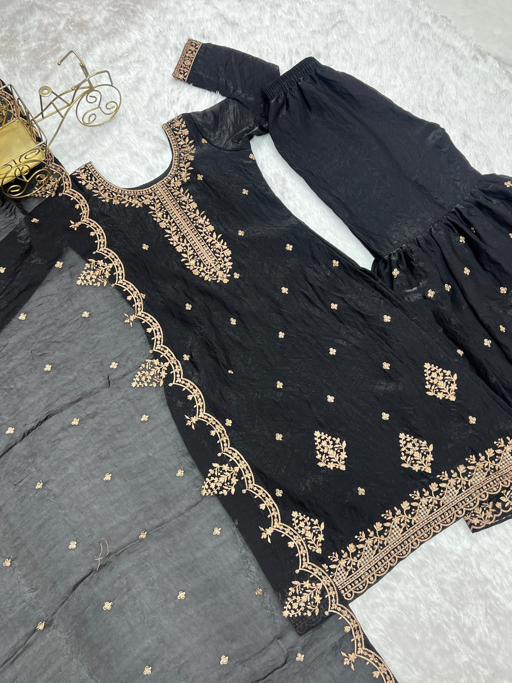 Elegant Embroidered Soft Crunchy Silk Sharara Suit Set with Dupatta
