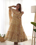 Women’s Heavy Pure Soft Fox Georgette Zigzag Print Anarkali Gown Set with Dupatta