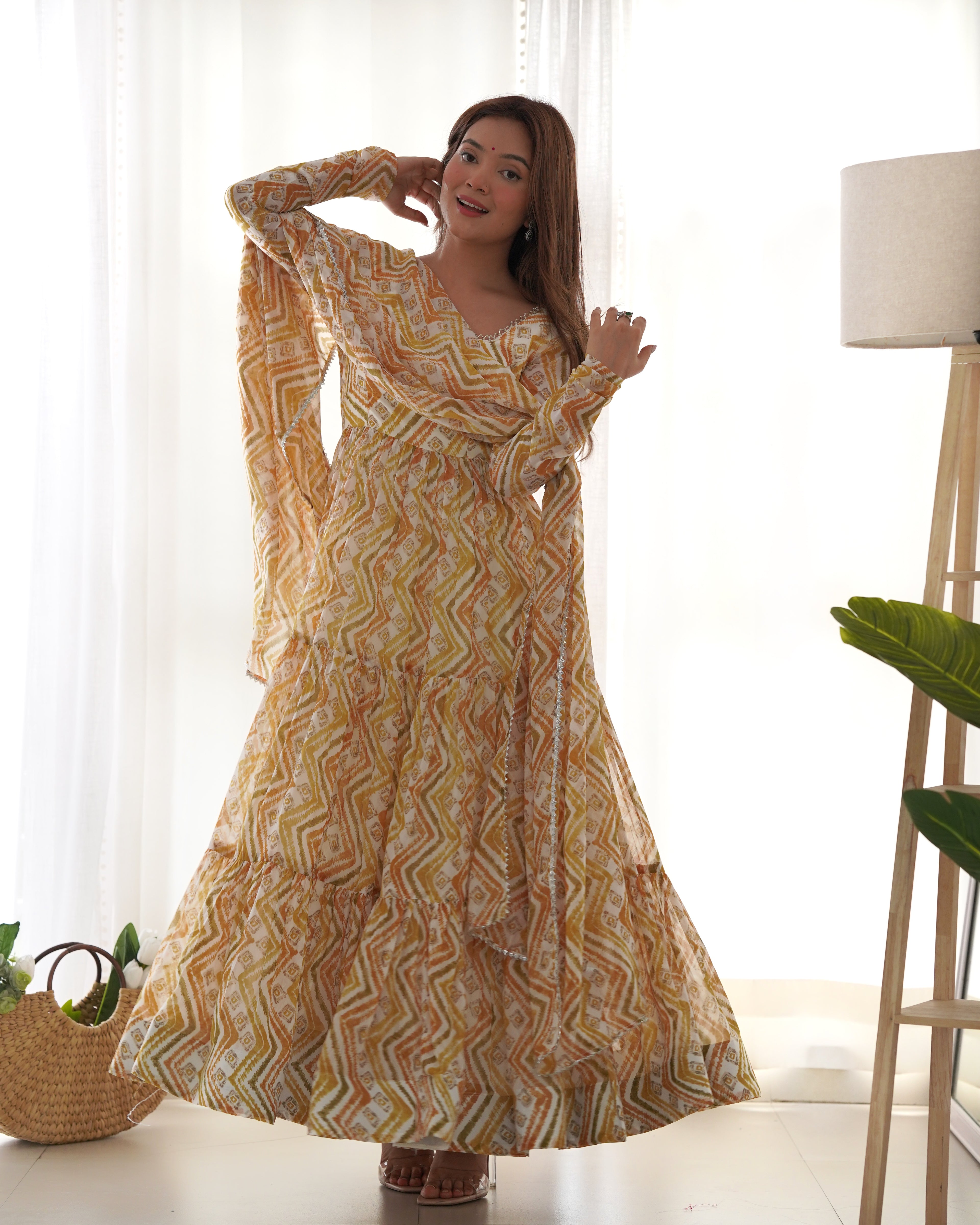Women’s Heavy Pure Soft Fox Georgette Zigzag Print Anarkali Gown Set with Dupatta