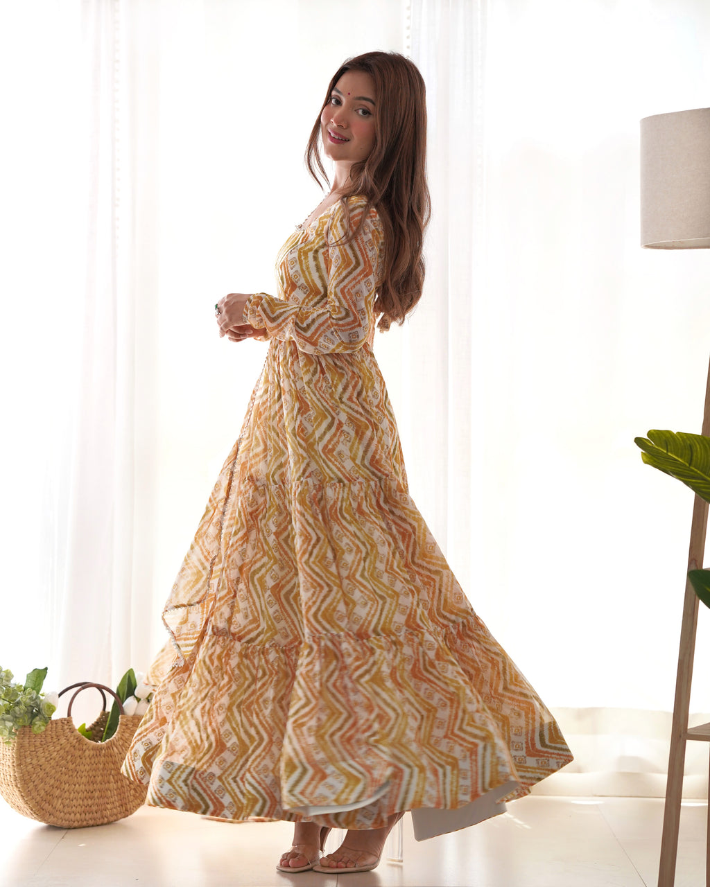 Women’s Heavy Pure Soft Fox Georgette Zigzag Print Anarkali Gown Set with Dupatta