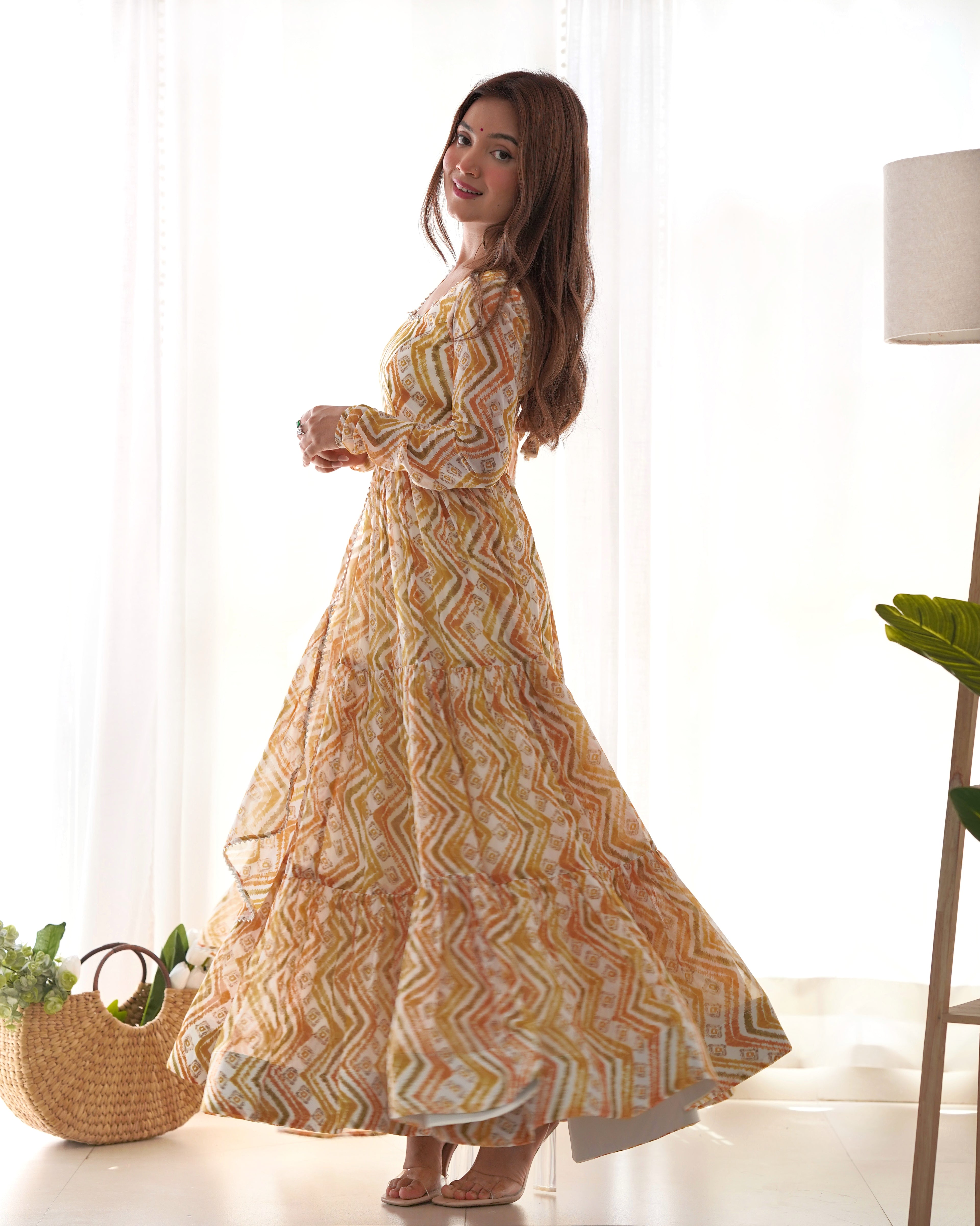 Women’s Heavy Pure Soft Fox Georgette Zigzag Print Anarkali Gown Set with Dupatta