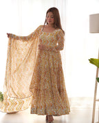 Women’s Heavy Pure Soft Fox Georgette Zigzag Print Anarkali Gown Set with Dupatta