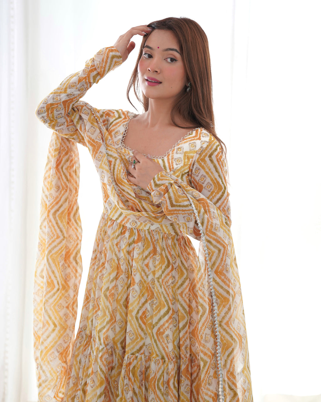 Women’s Heavy Pure Soft Fox Georgette Zigzag Print Anarkali Gown Set with Dupatta