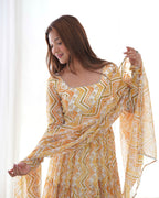 Women’s Heavy Pure Soft Fox Georgette Zigzag Print Anarkali Gown Set with Dupatta