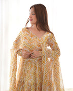 Women’s Heavy Pure Soft Fox Georgette Zigzag Print Anarkali Gown Set with Dupatta