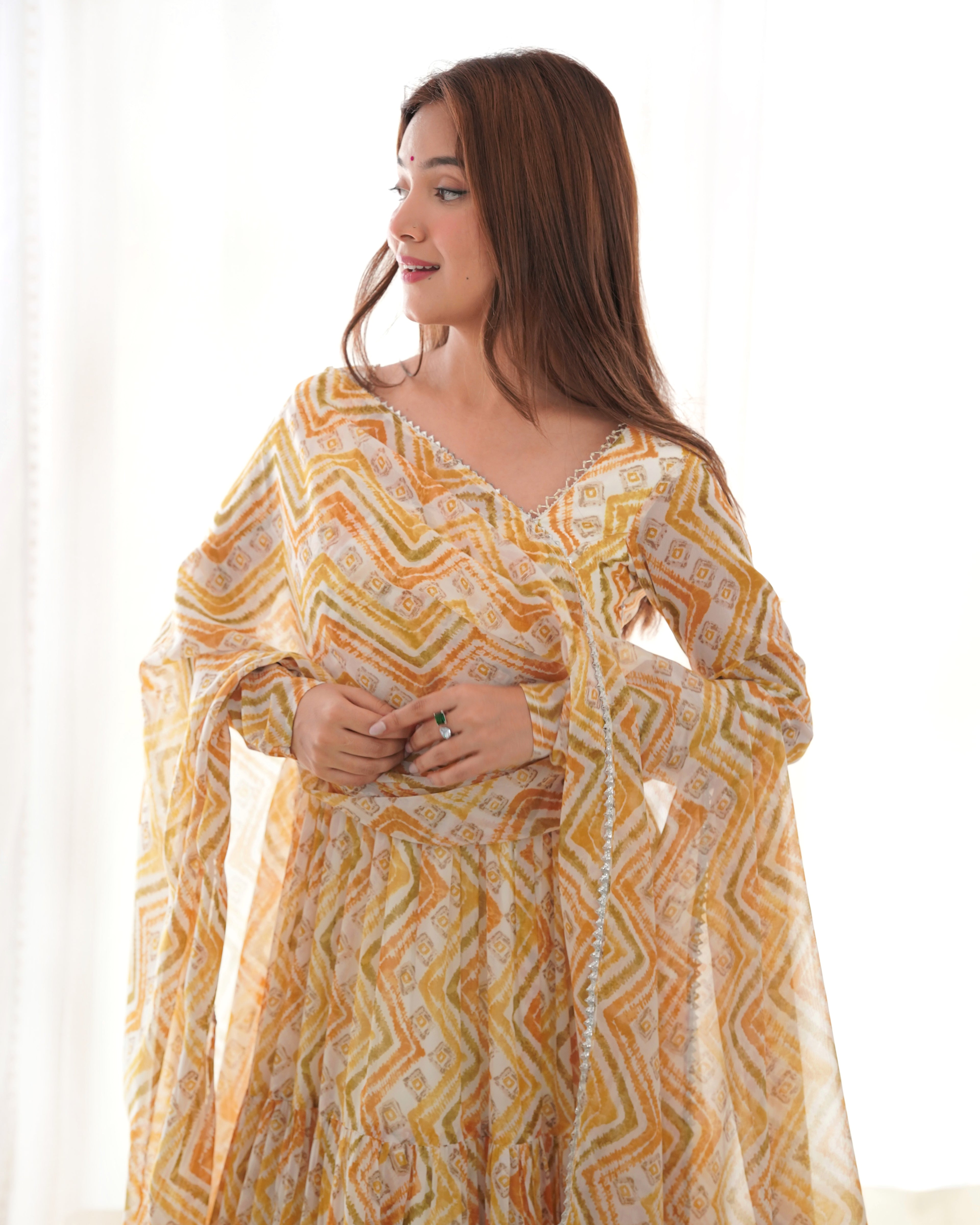 Women’s Heavy Pure Soft Fox Georgette Zigzag Print Anarkali Gown Set with Dupatta