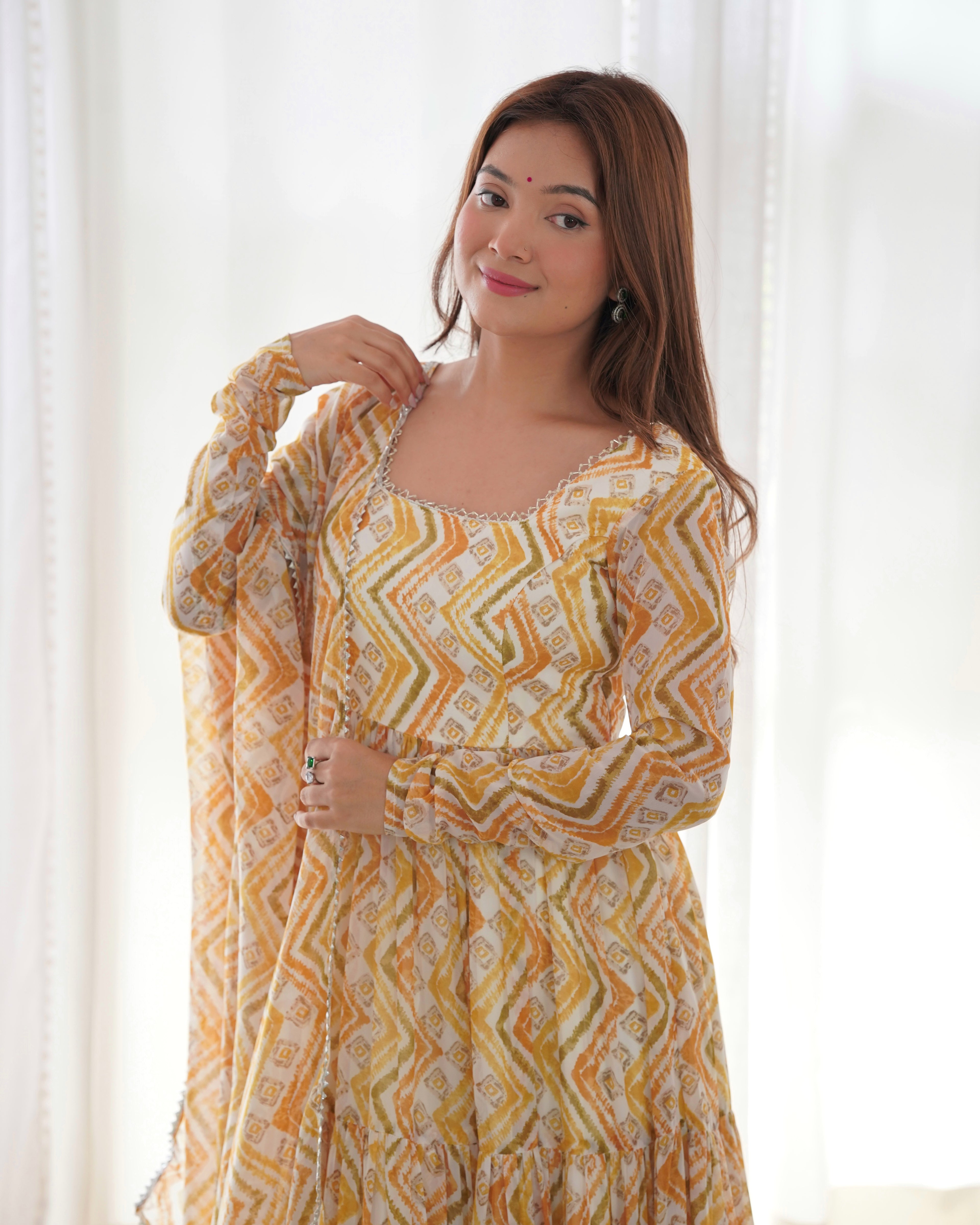 Women’s Heavy Pure Soft Fox Georgette Zigzag Print Anarkali Gown Set with Dupatta