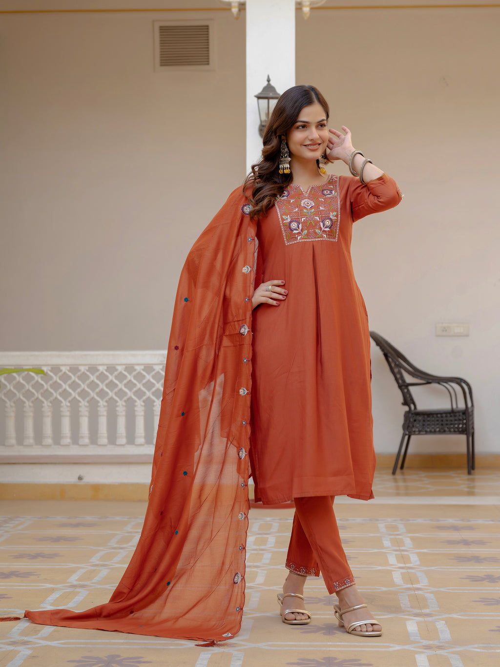 Designer Rust Orange Embroidered Kurta Set with Dupatta