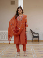 Designer Rust Orange Embroidered Kurta Set with Dupatta