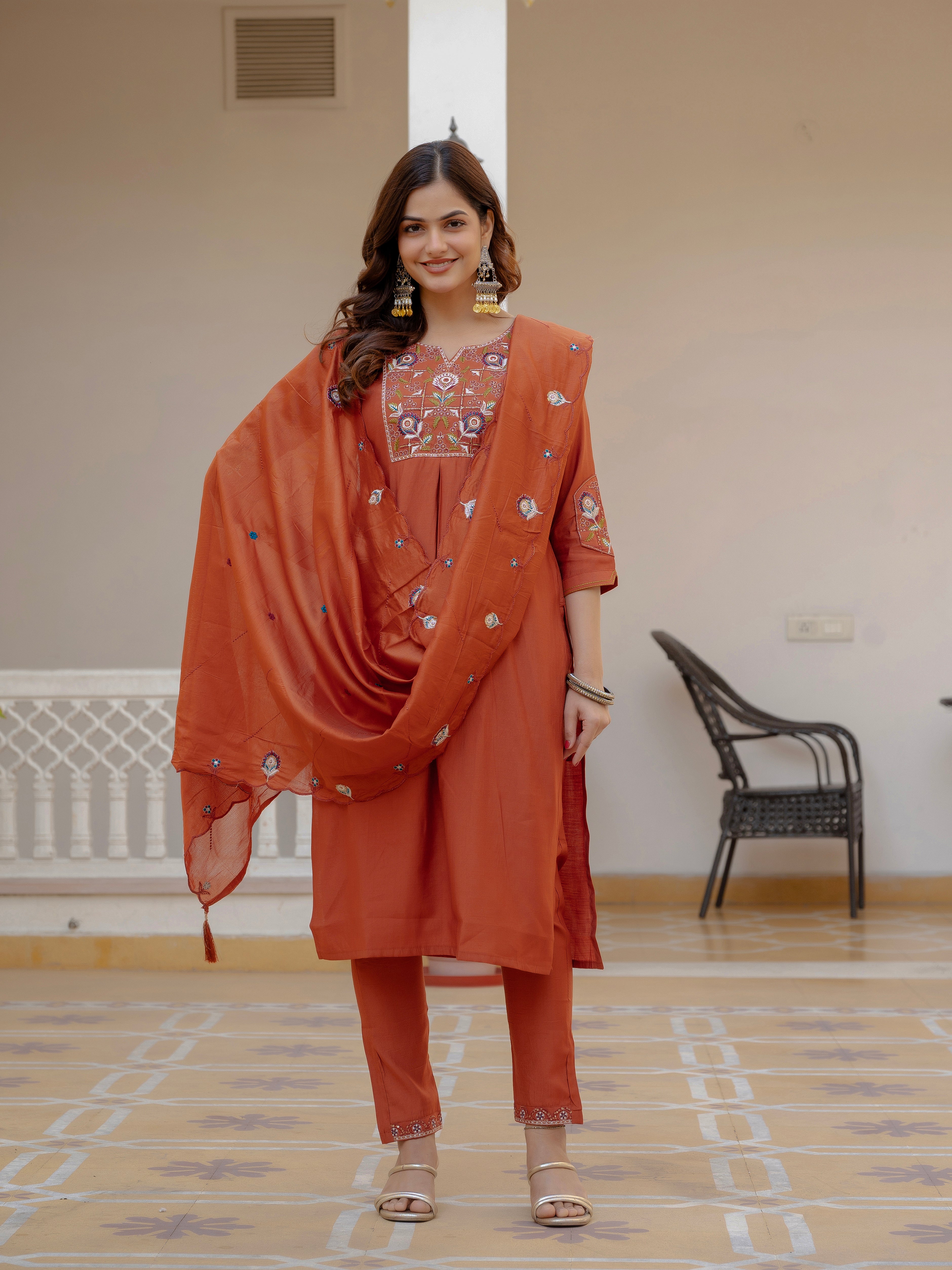 Designer Rust Orange Embroidered Kurta Set with Dupatta