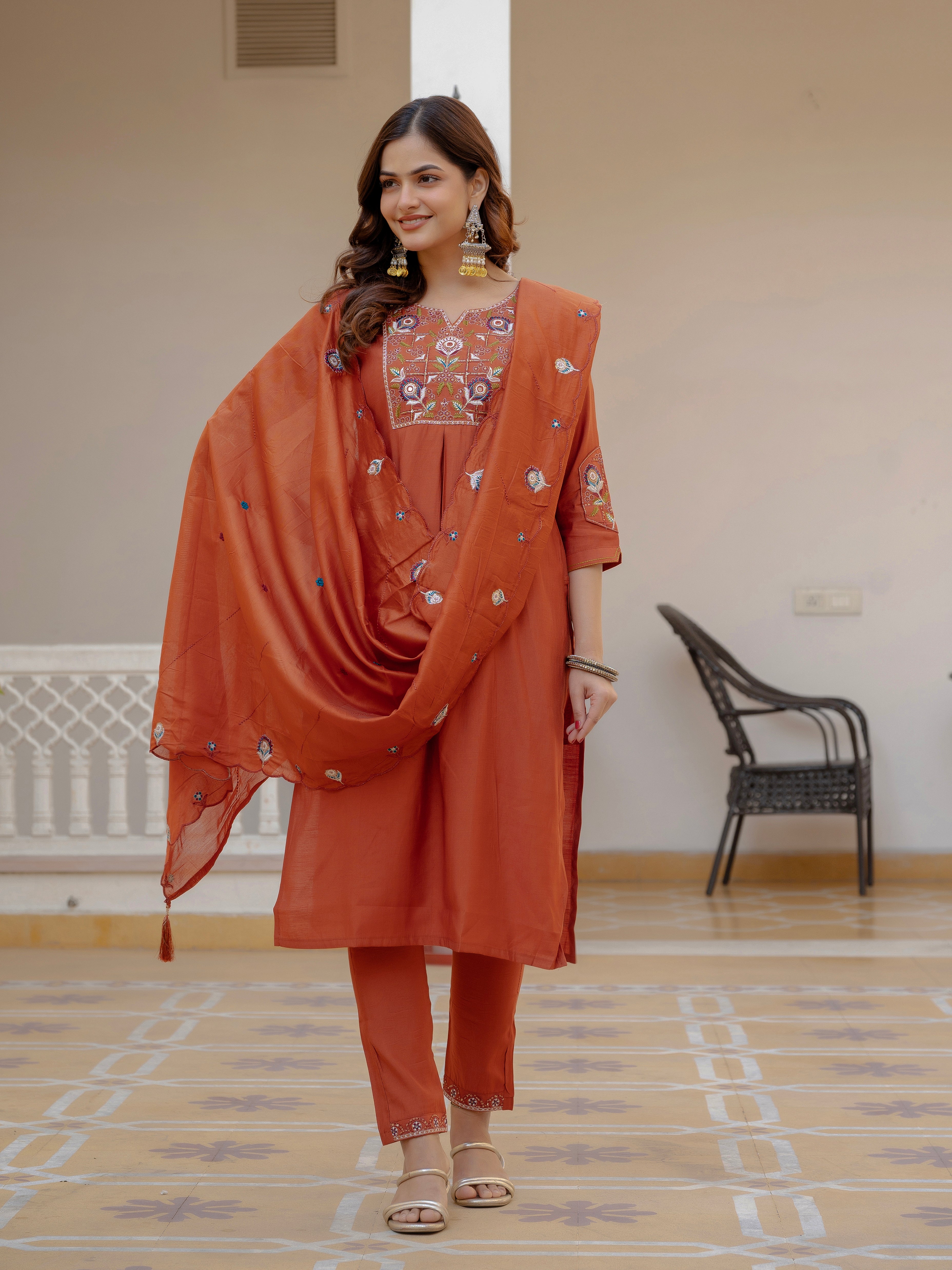 Designer Rust Orange Embroidered Kurta Set with Dupatta