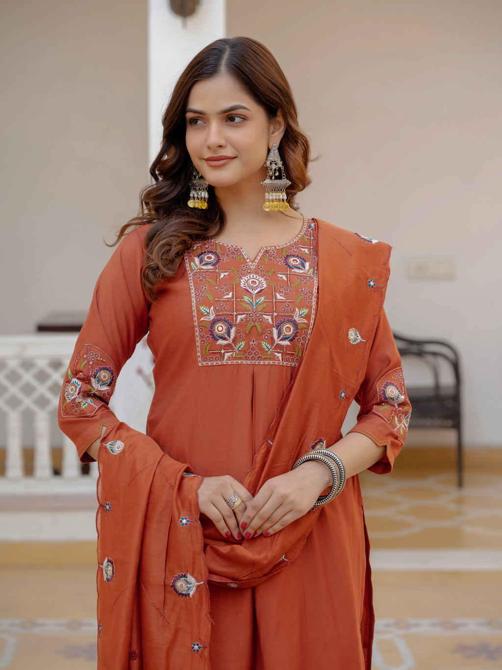 Designer Rust Orange Embroidered Kurta Set with Dupatta