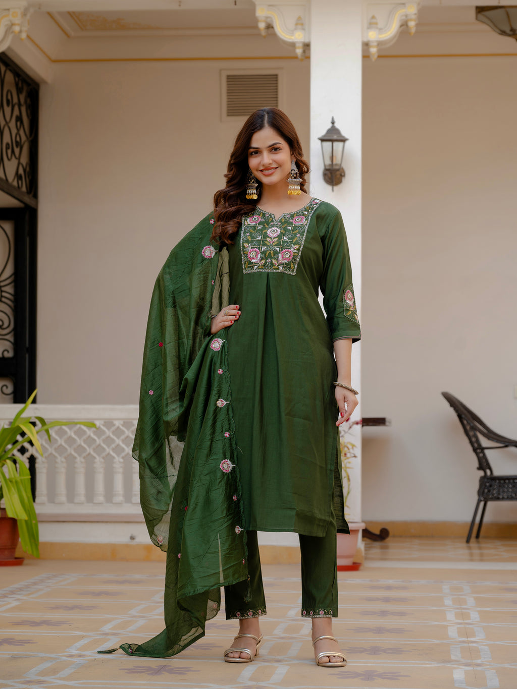 Elegant Green Mango Silk Suit Set with Floral Embroidery