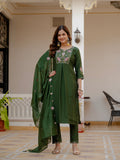 Elegant Green Mango Silk Suit Set with Floral Embroidery