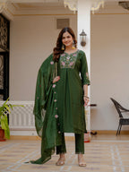 Elegant Green Mango Silk Suit Set with Floral Embroidery