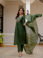 Elegant Green Mango Silk Suit Set with Floral Embroidery