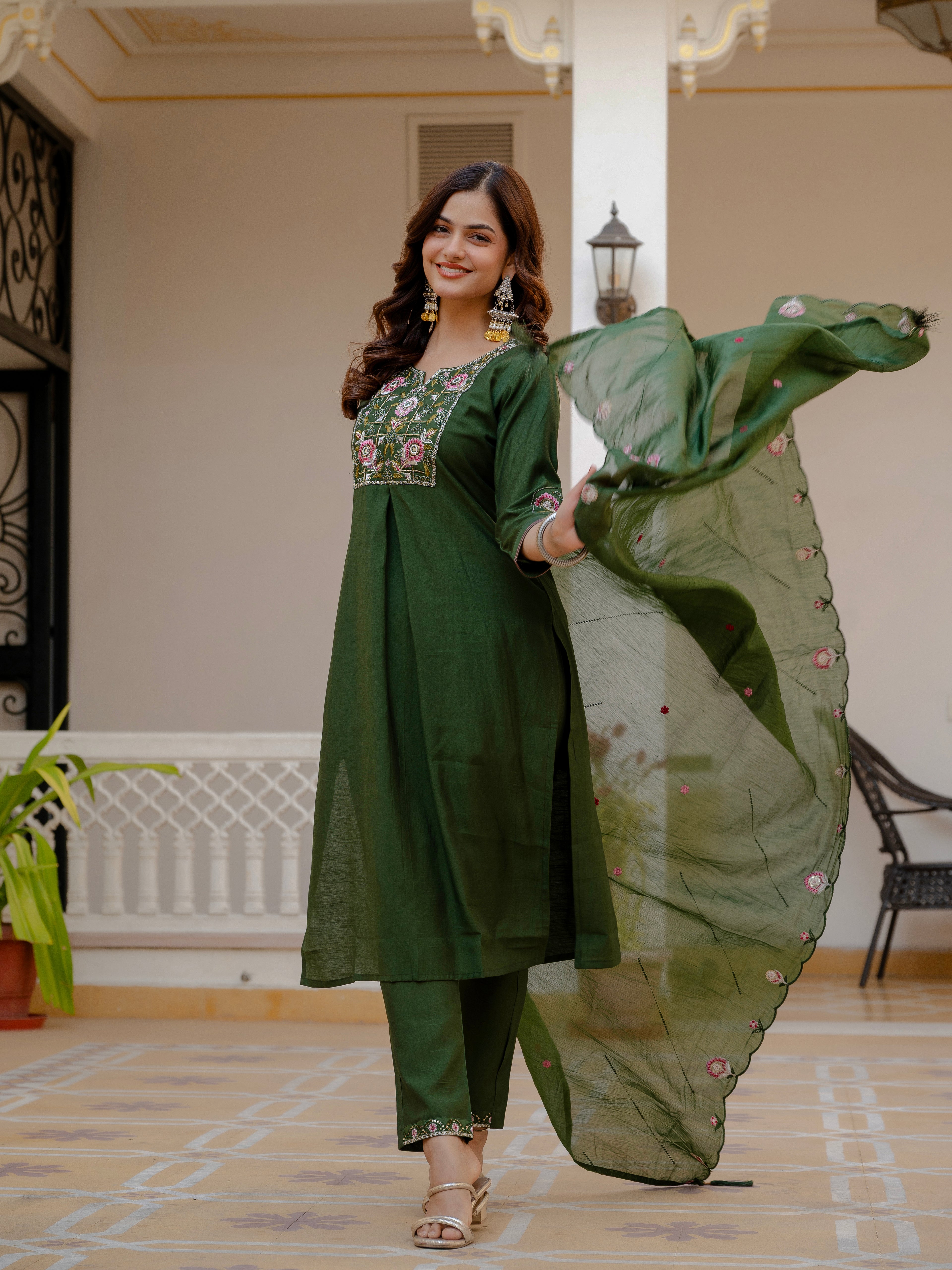 Elegant Green Mango Silk Suit Set with Floral Embroidery