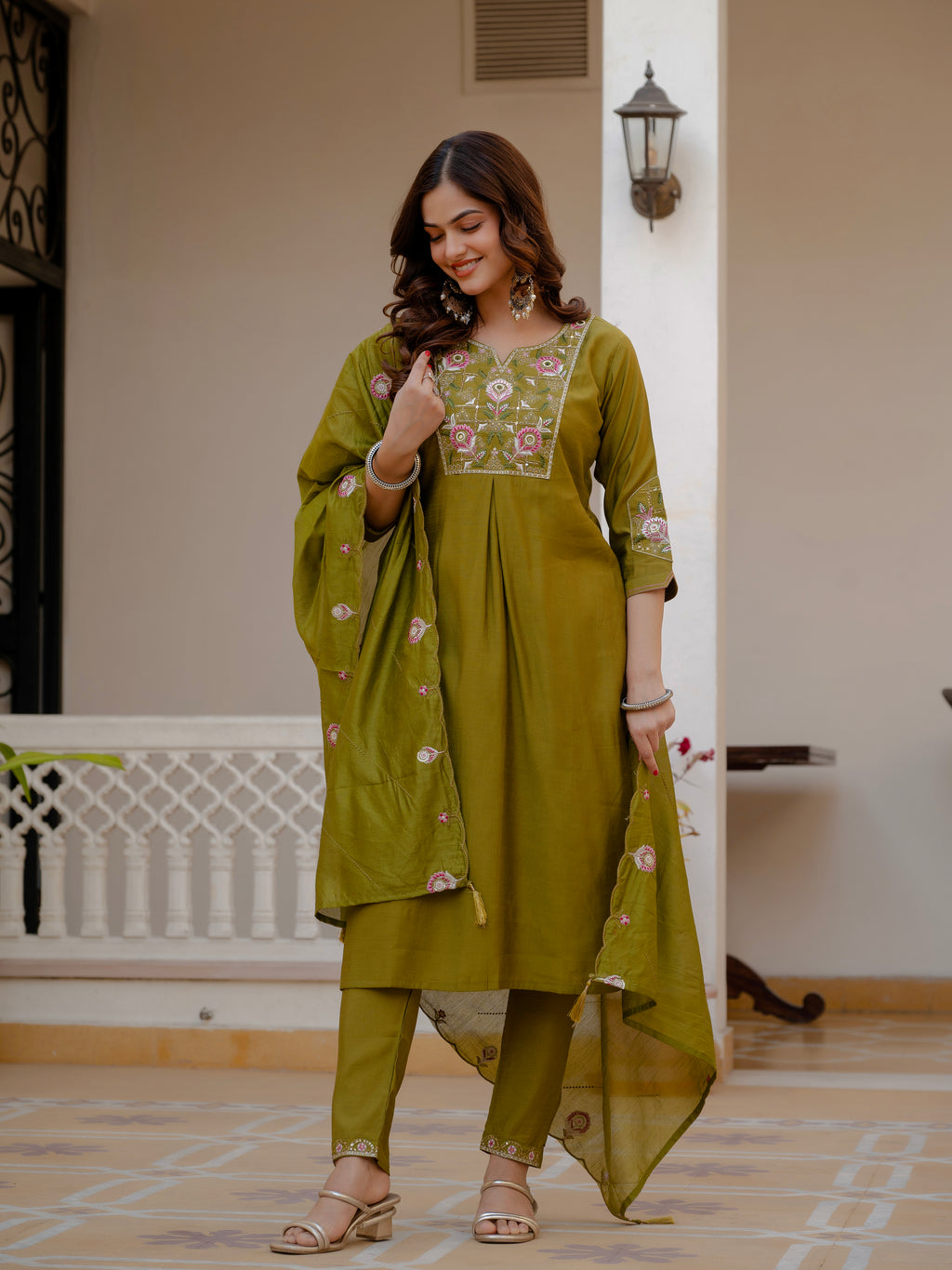 Women’s Olive Green Mango Silk Embroidered Suit Set