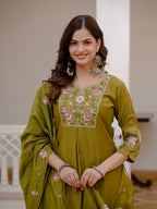 Women’s Olive Green Mango Silk Embroidered Suit Set