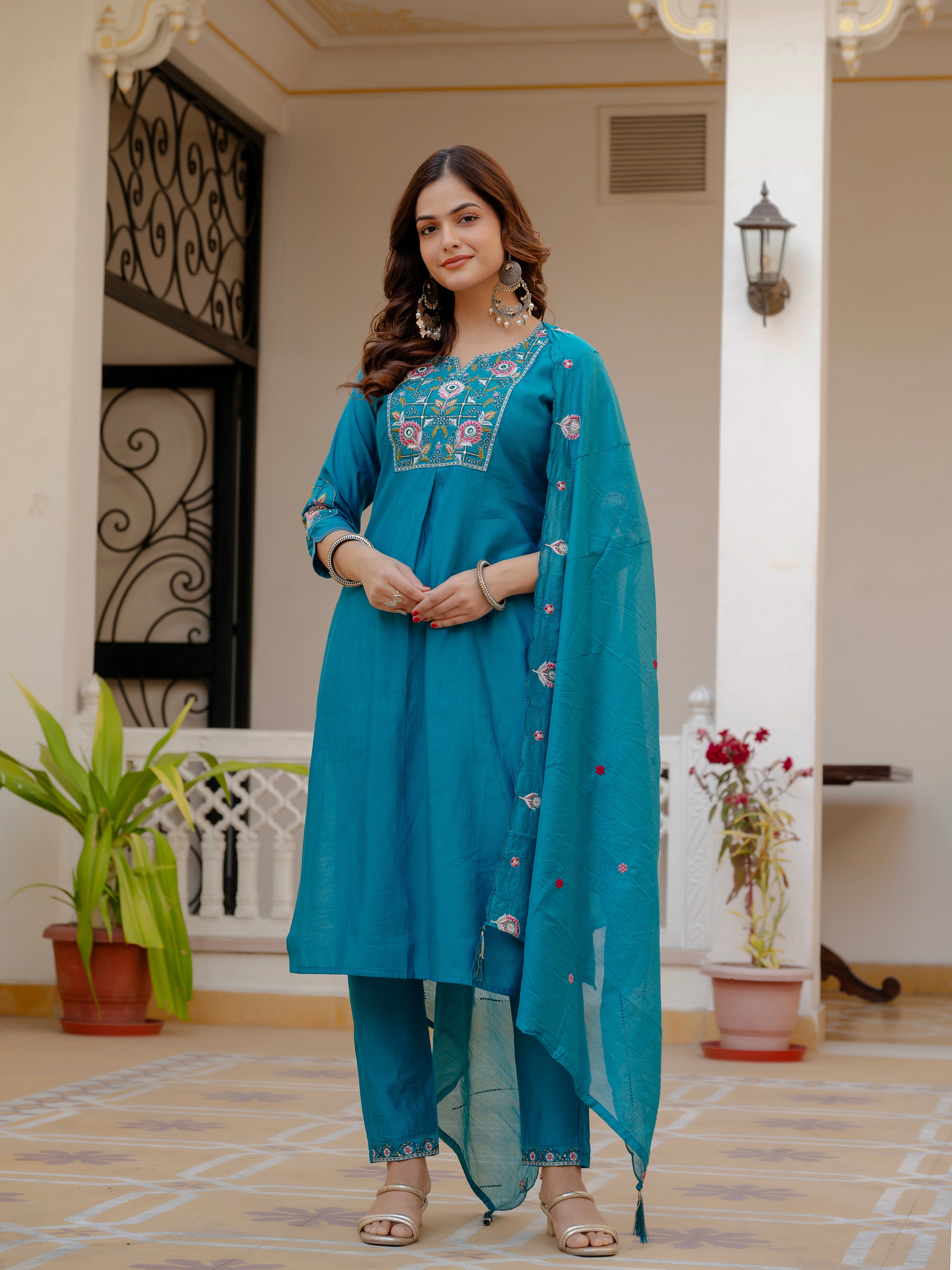Very Attractive Firozi  Pure Viscose Mango Silk Embroidered Kurta Set with Dupatta