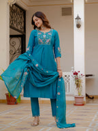 Very Attractive Firozi  Pure Viscose Mango Silk Embroidered Kurta Set with Dupatta
