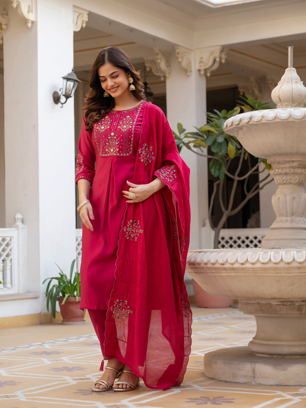 Pink Mango Silk Traditional Dress with Embroidered Dupatta
