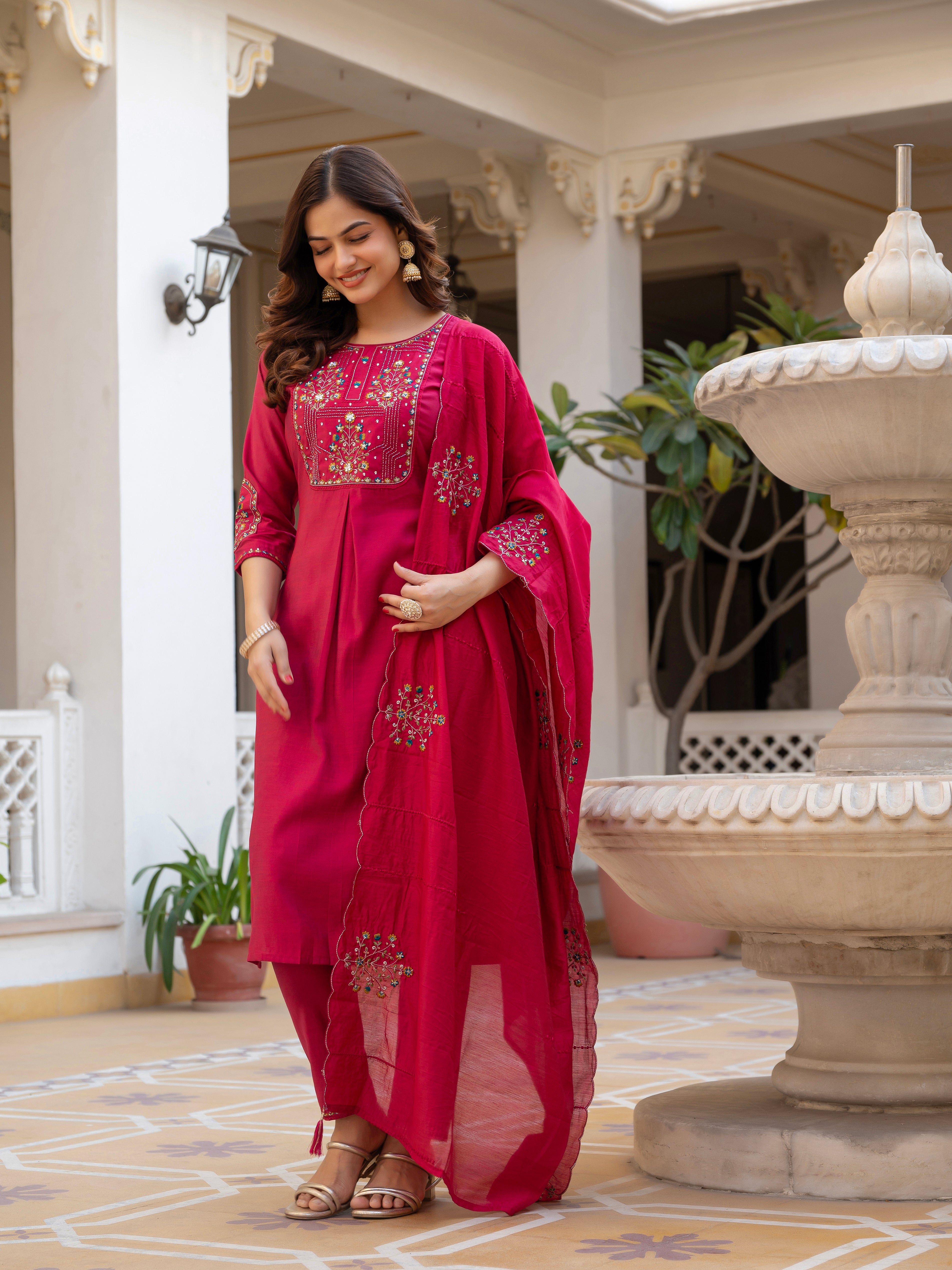 Pink Mango Silk Traditional Dress with Embroidered Dupatta