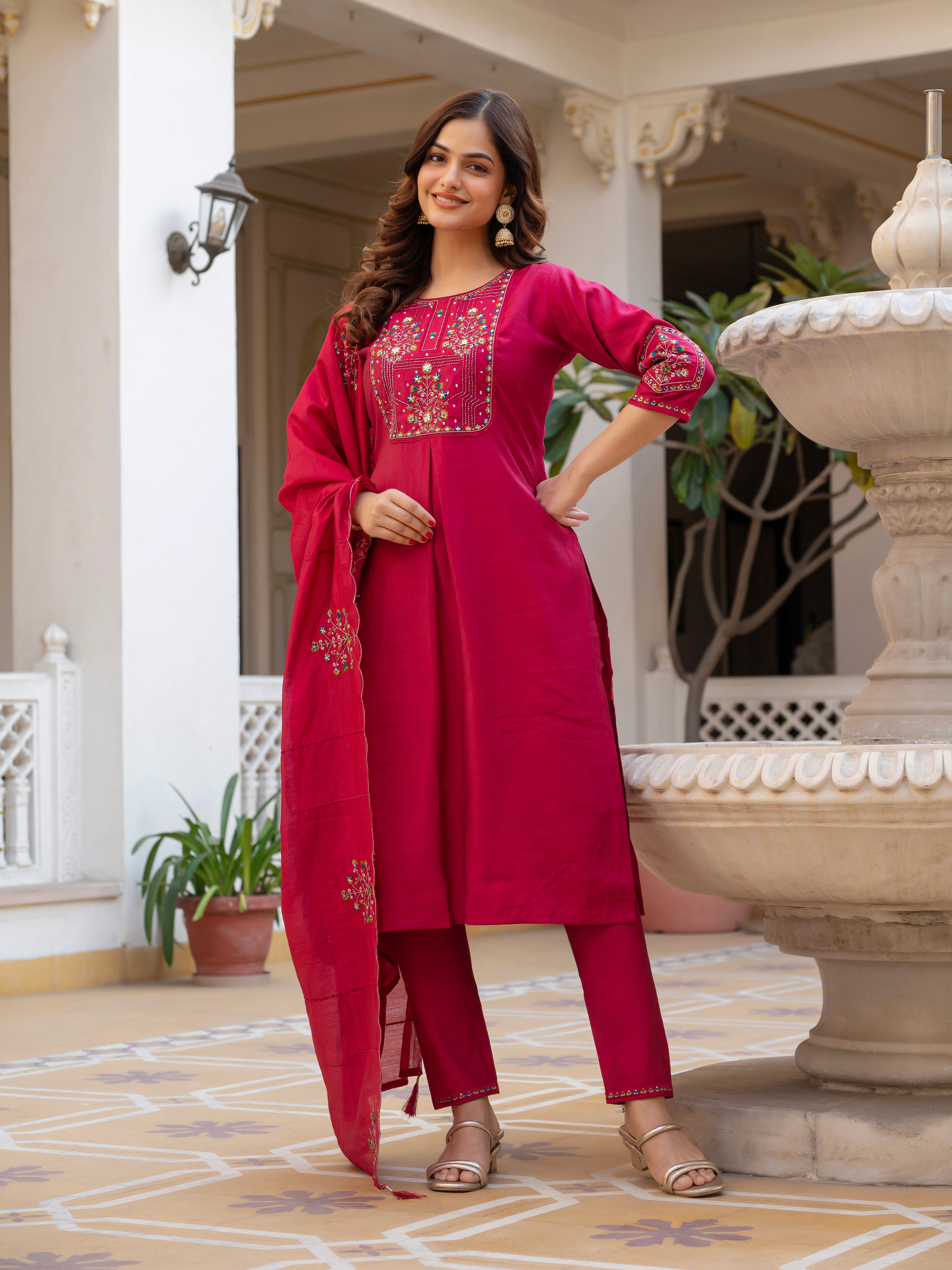 Pink Mango Silk Traditional Dress with Embroidered Dupatta