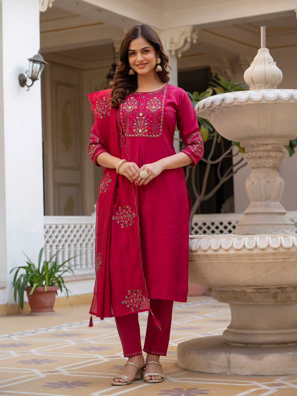 Pink Mango Silk Traditional Dress with Embroidered Dupatta