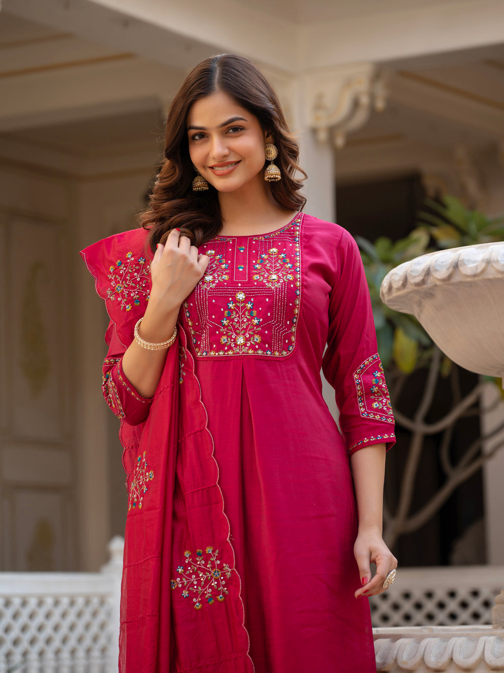 Pink Mango Silk Traditional Dress with Embroidered Dupatta