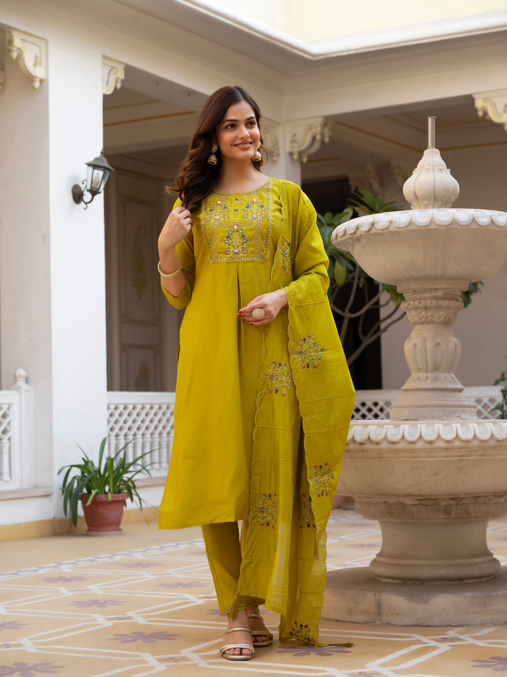 Luxury Pure Viscose Mango Silk Floral Embroidered Suit Set