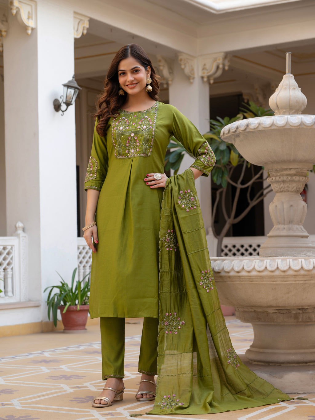 Luxury Pure Viscose Mango Silk Floral Embroidered Suit Set