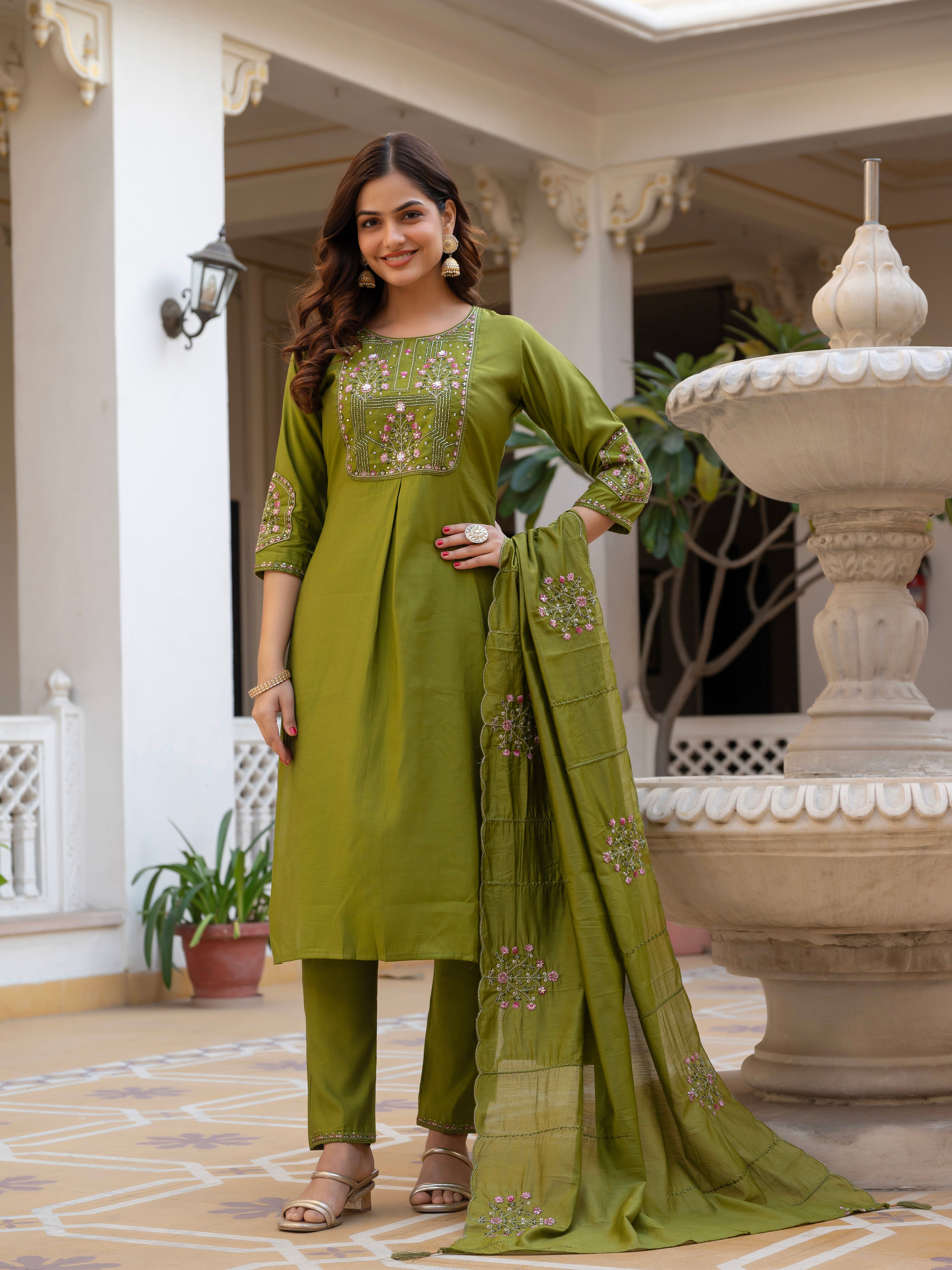 Luxury Pure Viscose Mango Silk Floral Embroidered Suit Set