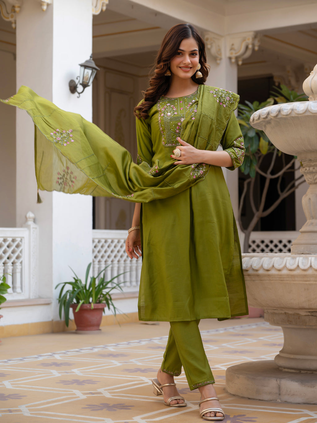 Luxury Pure Viscose Mango Silk Floral Embroidered Suit Set