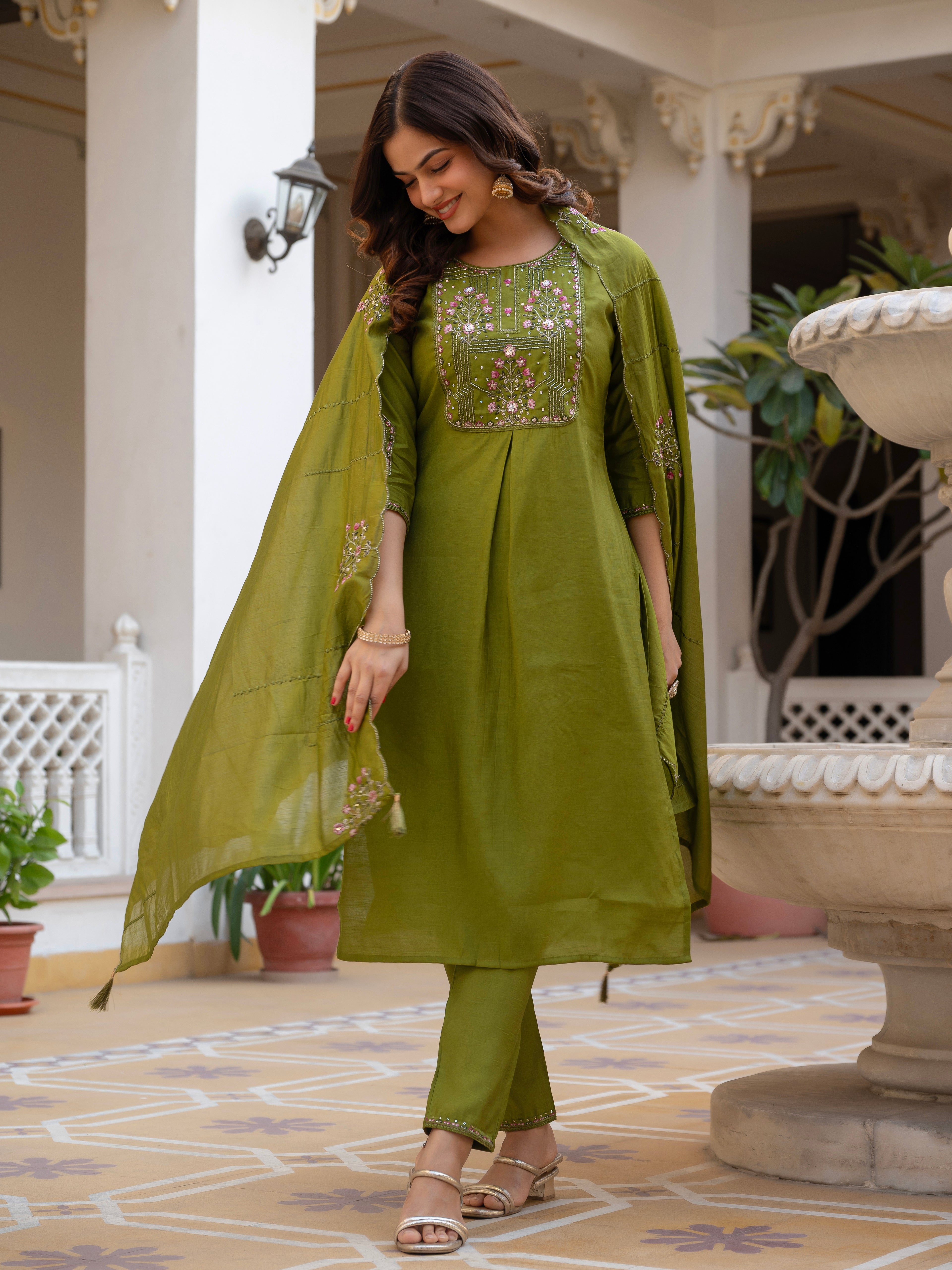 Luxury Pure Viscose Mango Silk Floral Embroidered Suit Set
