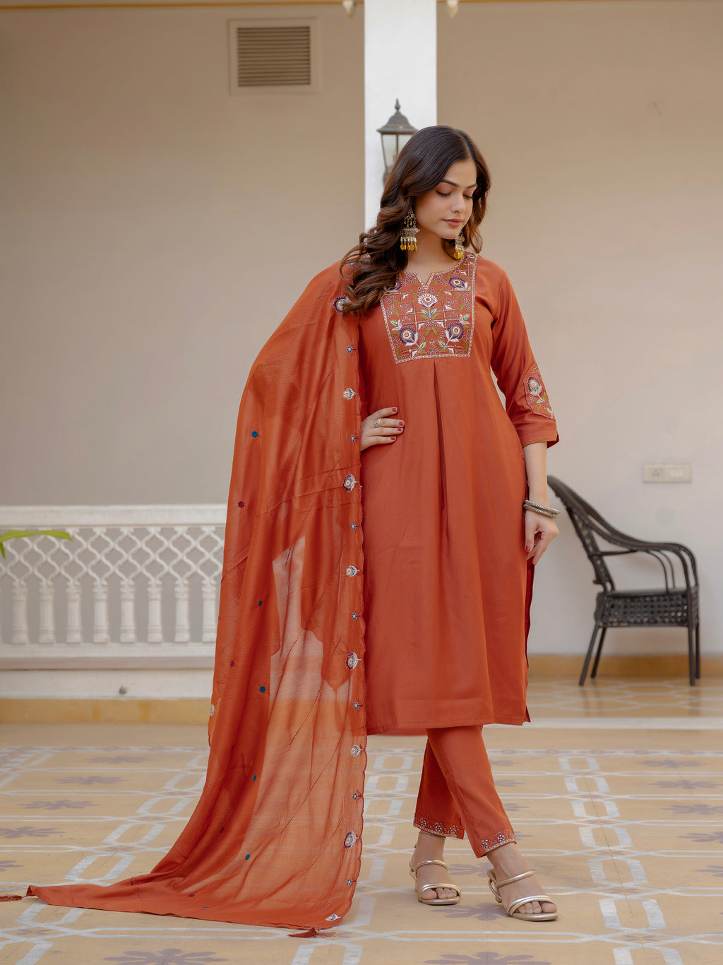 Designer Rust Orange Embroidered Kurta Set with Dupatta