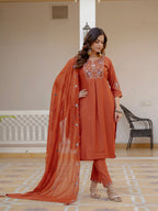 Designer Rust Orange Embroidered Kurta Set with Dupatta