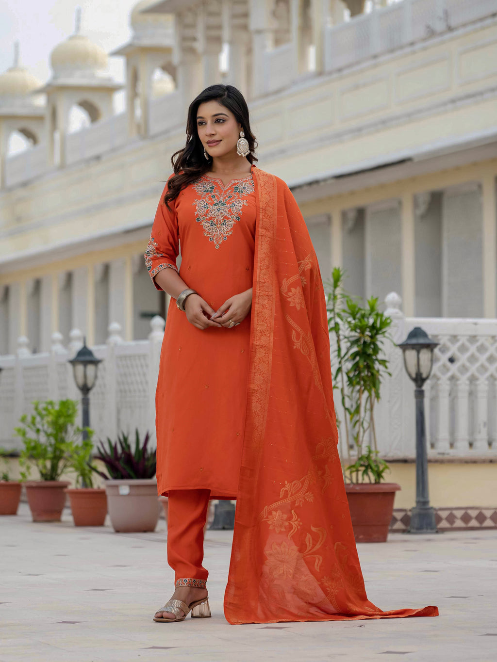 Women’s Orange Roman Silk Party Wear Suit Set